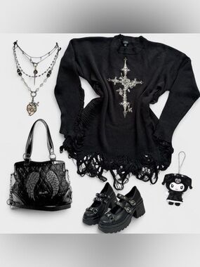 Grunge Goth Emo Black Distressed Cross Widow Sweater Size L/XL